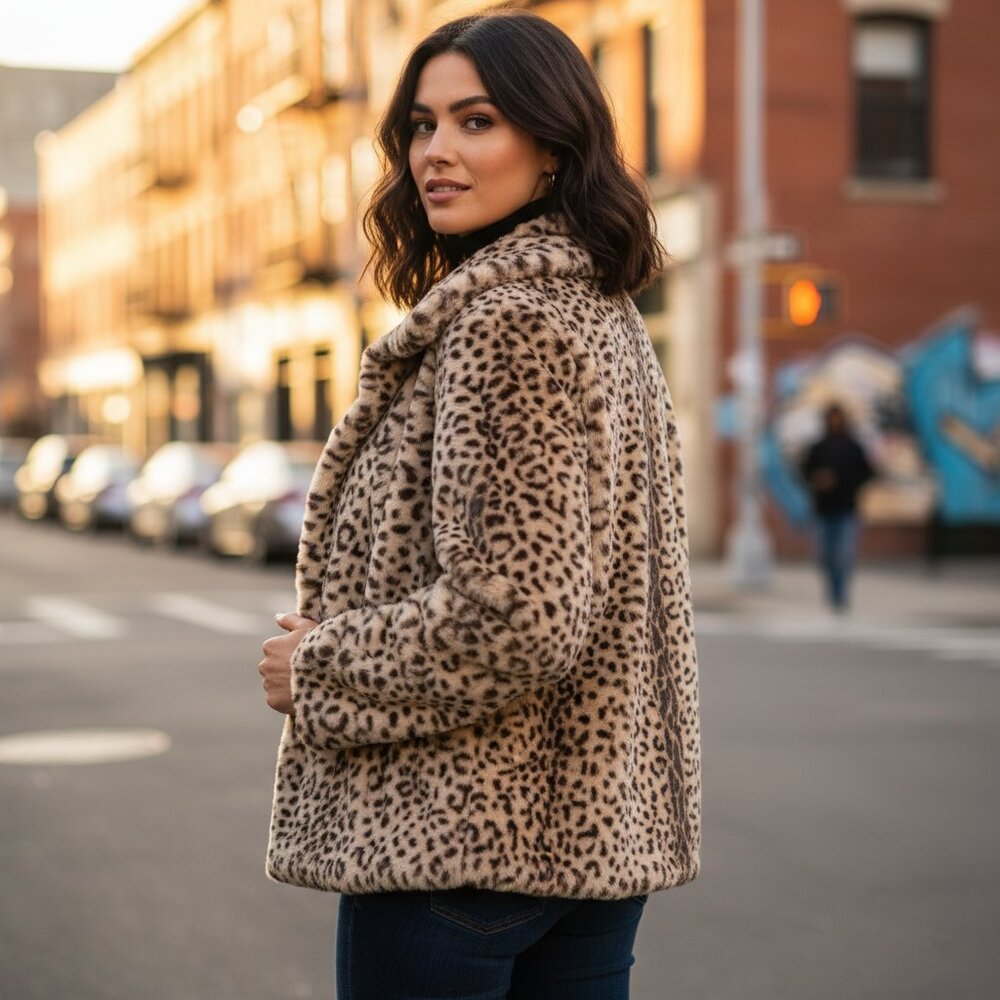 CUPIO Women's Faux Fur Cropped Coat Jacket Soft Plushy Animal Print Spots Trendy